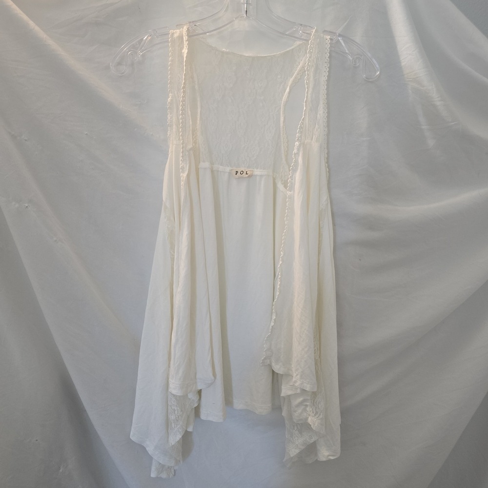 POL Open Cream Vest Floral Lace Accent Waterfall Cascade Asymmetrical Romantic M